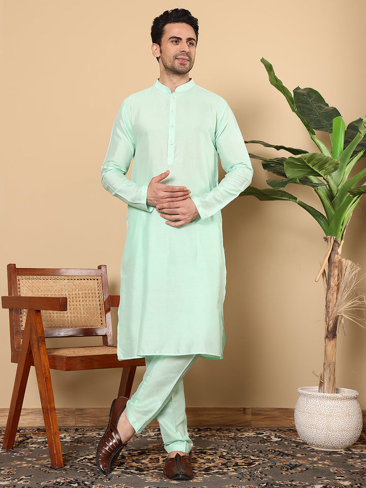 Men's Long Sleeve Mandarin Collar Sea Green Straight Viscose Silk Kurta with Slub Effect | SHOBITAM