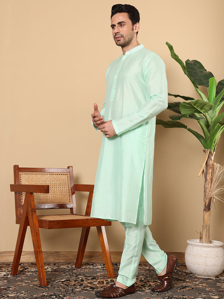 Men's Long Sleeve Mandarin Collar Sea Green Straight Viscose Silk Kurta with Slub Effect | SHOBITAM