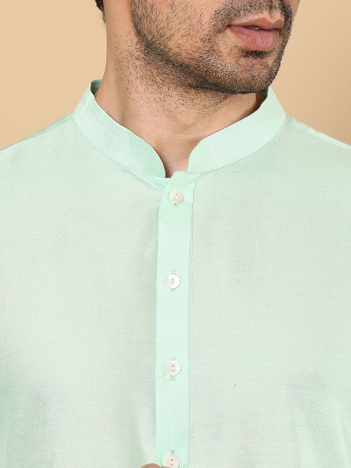 Men's Long Sleeve Mandarin Collar Sea Green Straight Viscose Silk Kurta with Slub Effect | SHOBITAM