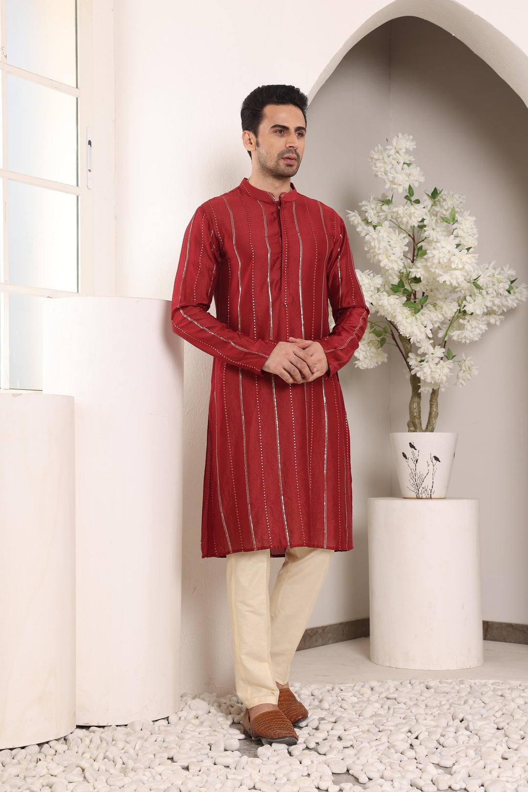 Men's Long Sleeve Mandarin Collar RedStraight Viscose Silk Kurta with Embroidered Neckline and Motifs | SHOBITAM