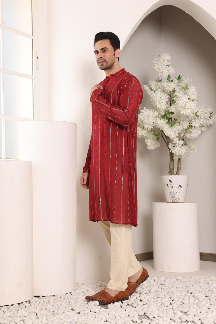 Men's Long Sleeve Mandarin Collar RedStraight Viscose Silk Kurta with Embroidered Neckline and Motifs | SHOBITAM