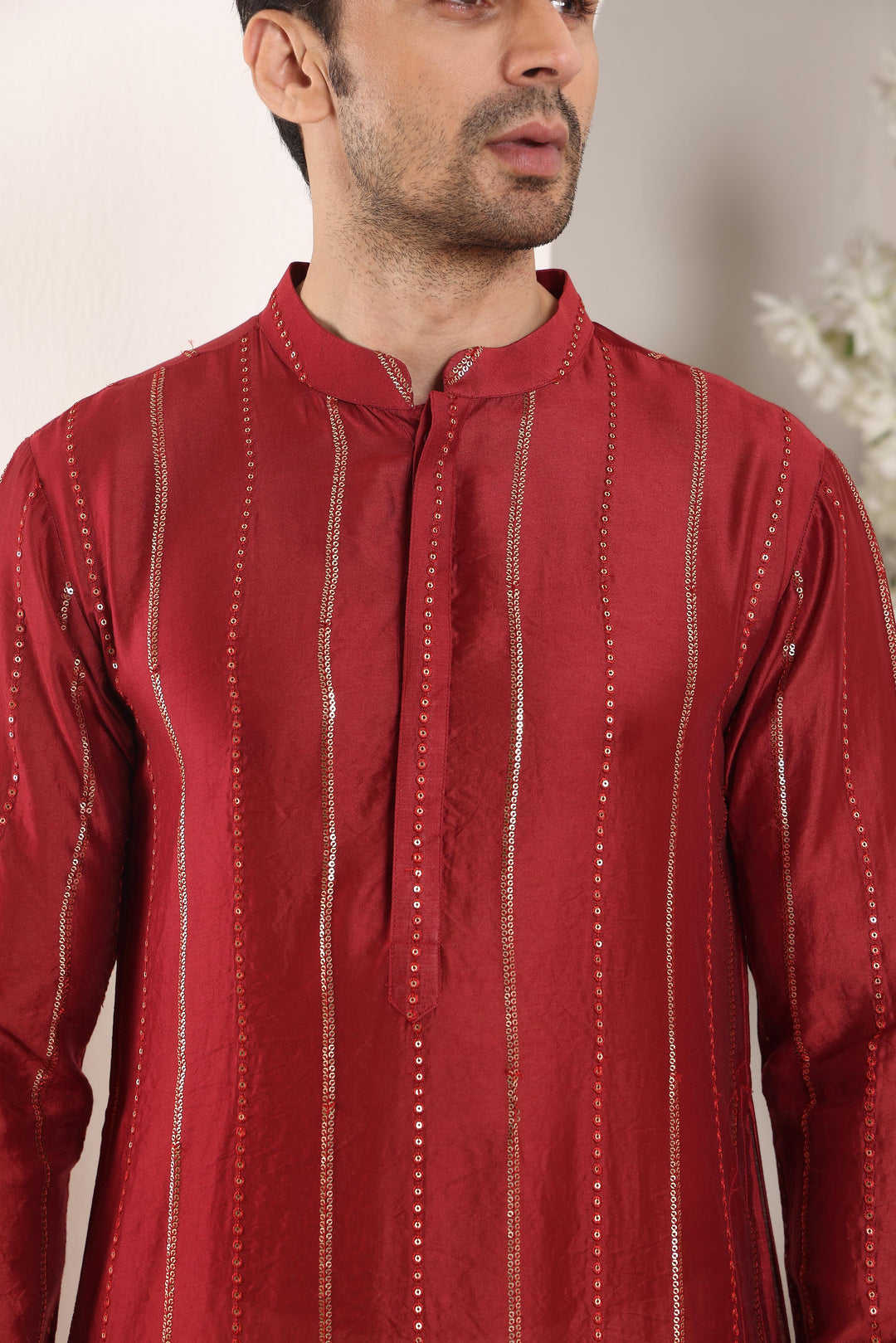 Men's Long Sleeve Mandarin Collar RedStraight Viscose Silk Kurta with Embroidered Neckline and Motifs | SHOBITAM