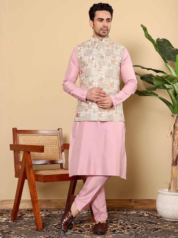 Men's Full Sleeve Pink Kurta Pyjama & Multi-colour Embroidered Nehru Jacket | SHOBITAM