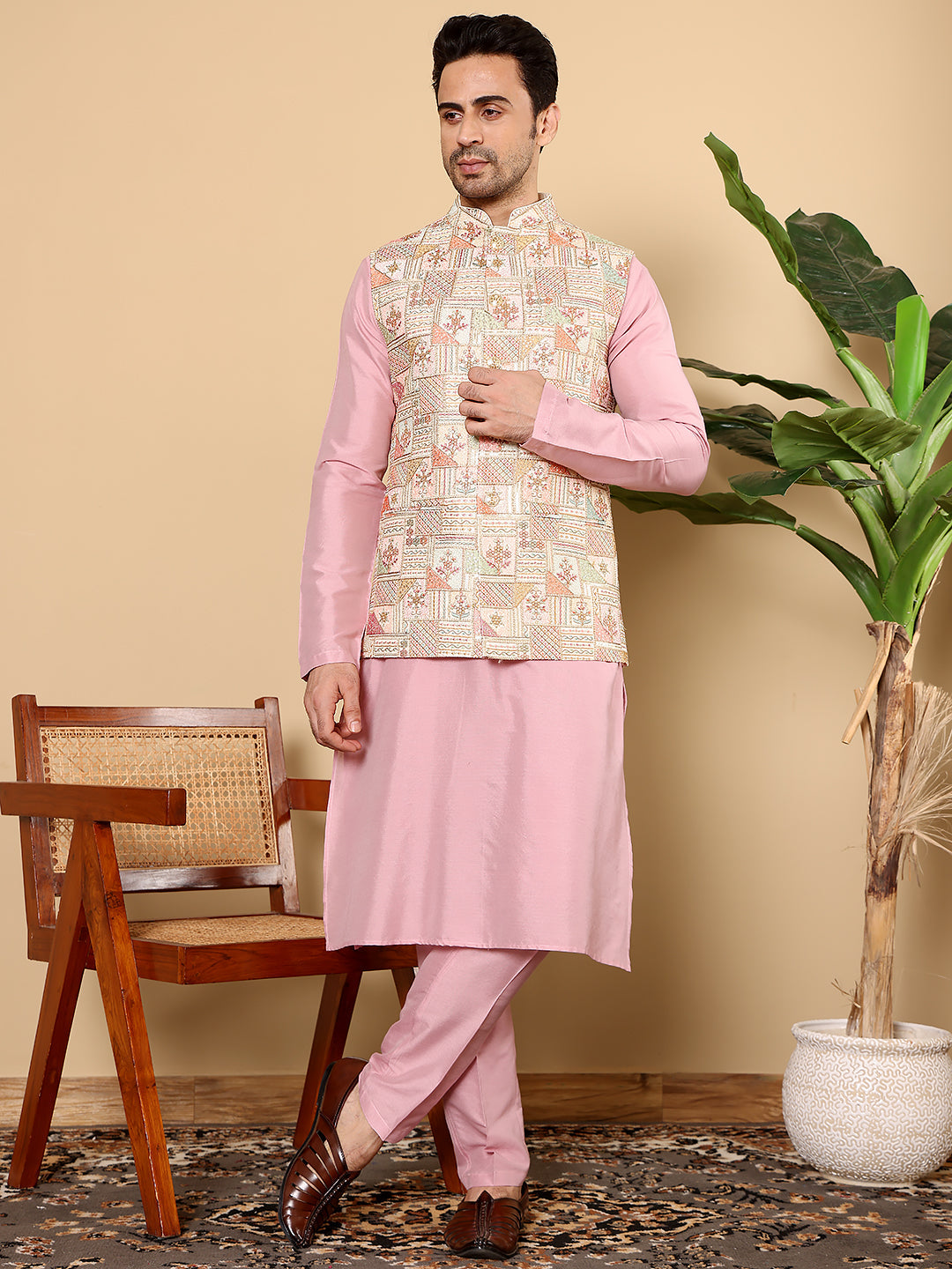 Men's Full Sleeve Pink Kurta Pyjama & Multi-colour Embroidered Nehru Jacket | SHOBITAM