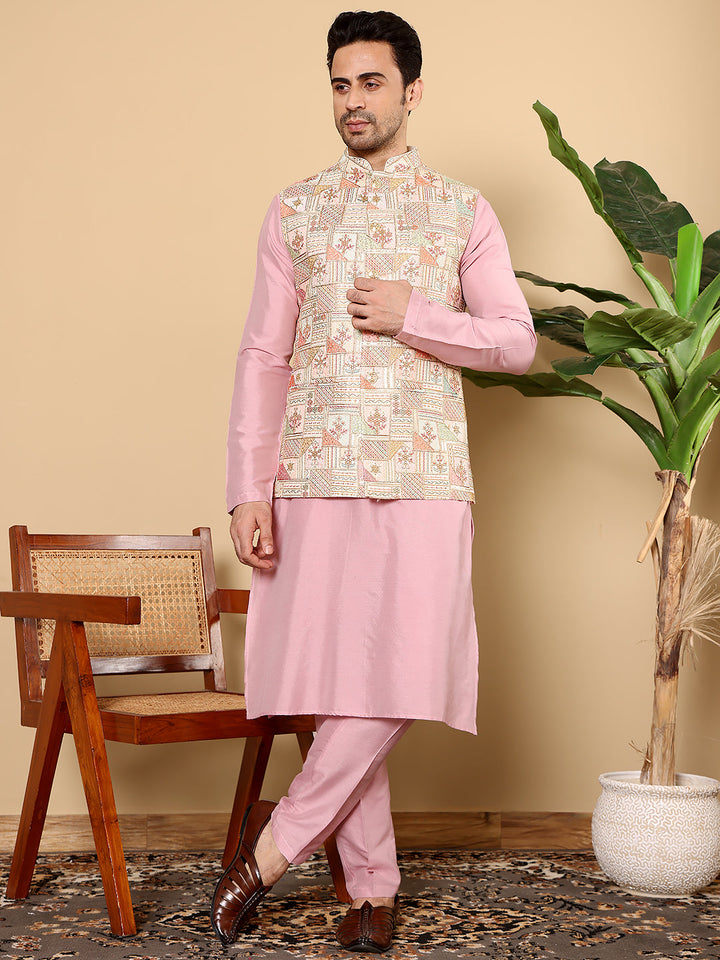 Men's Full Sleeve Pink Kurta Pyjama & Multi-colour Embroidered Nehru Jacket | SHOBITAM