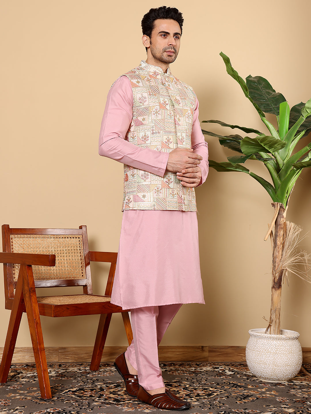 Men's Full Sleeve Pink Kurta Pyjama & Multi-colour Embroidered Nehru Jacket | SHOBITAM
