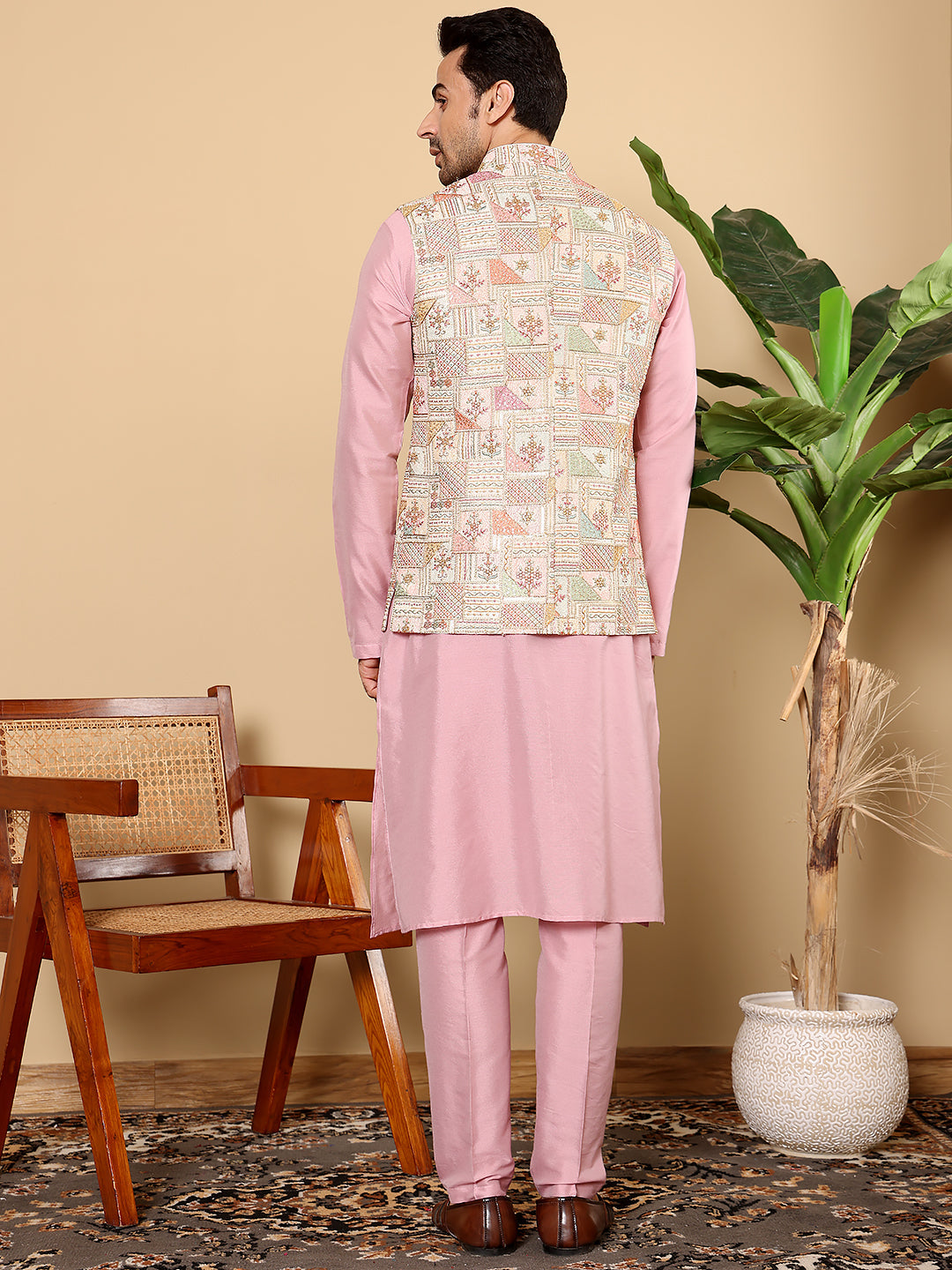 Men's Full Sleeve Pink Kurta Pyjama & Multi-colour Embroidered Nehru Jacket | SHOBITAM