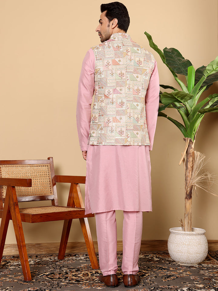 Men's Full Sleeve Pink Kurta Pyjama & Multi-colour Embroidered Nehru Jacket | SHOBITAM