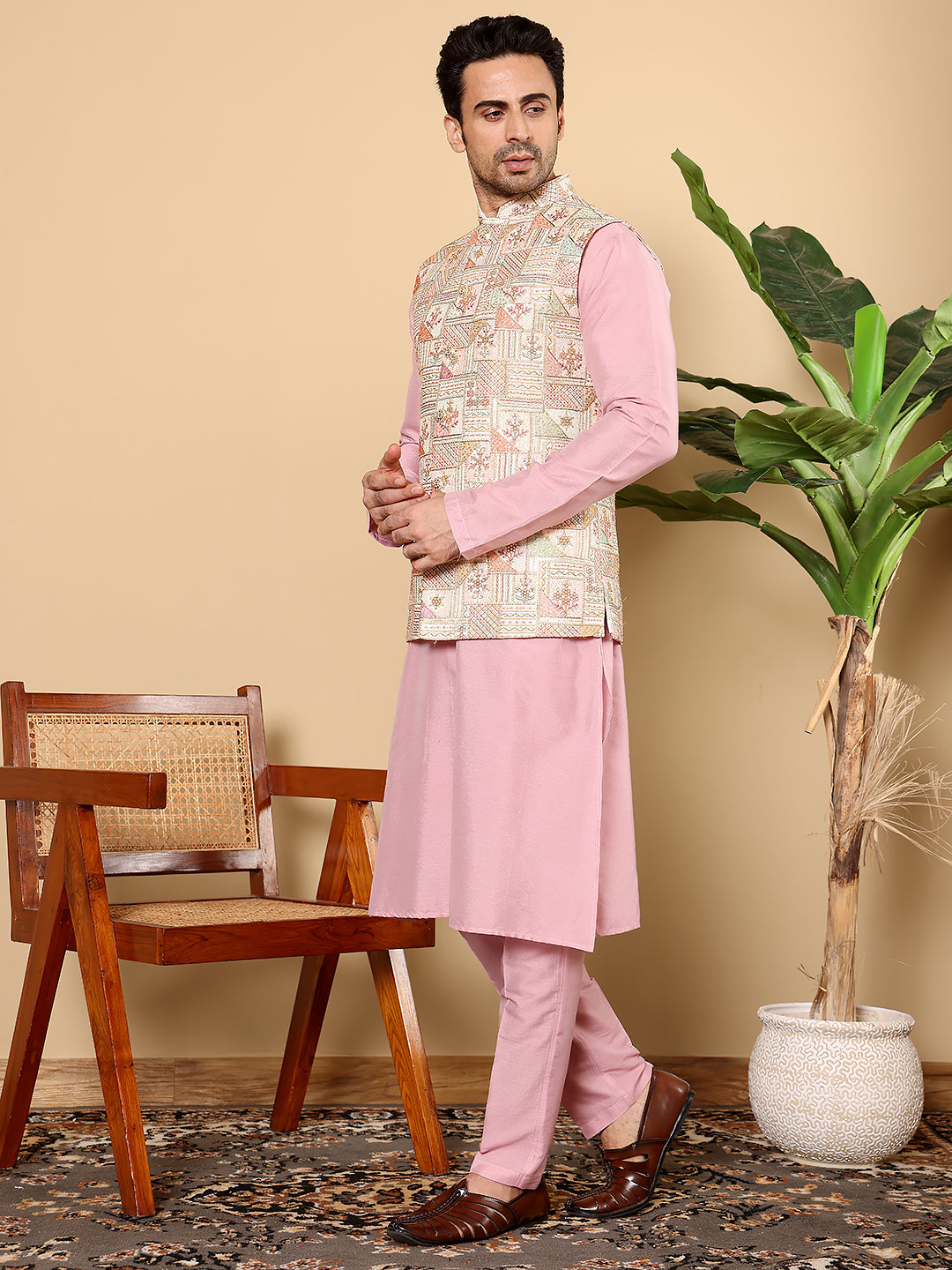 Men's Full Sleeve Pink Kurta Pyjama & Multi-colour Embroidered Nehru Jacket | SHOBITAM