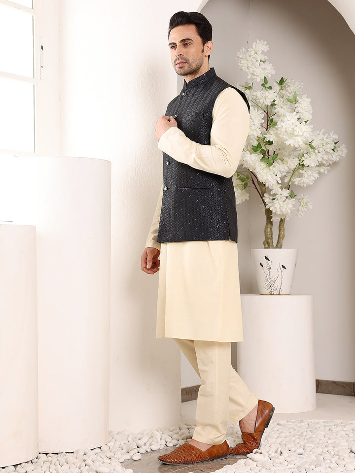 Men's Full Sleeve Cream Kurta Pyjama & Black Embroidered Nehru Jacket | SHOBITAM