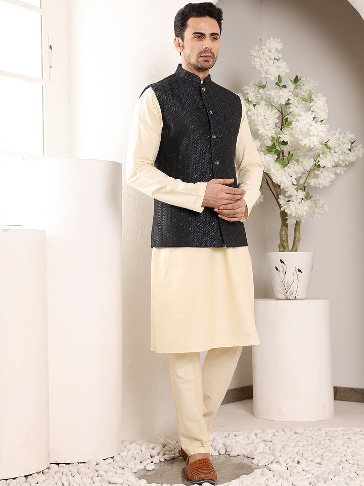 Men's Full Sleeve Cream Kurta Pyjama & Black Embroidered Nehru Jacket | SHOBITAM