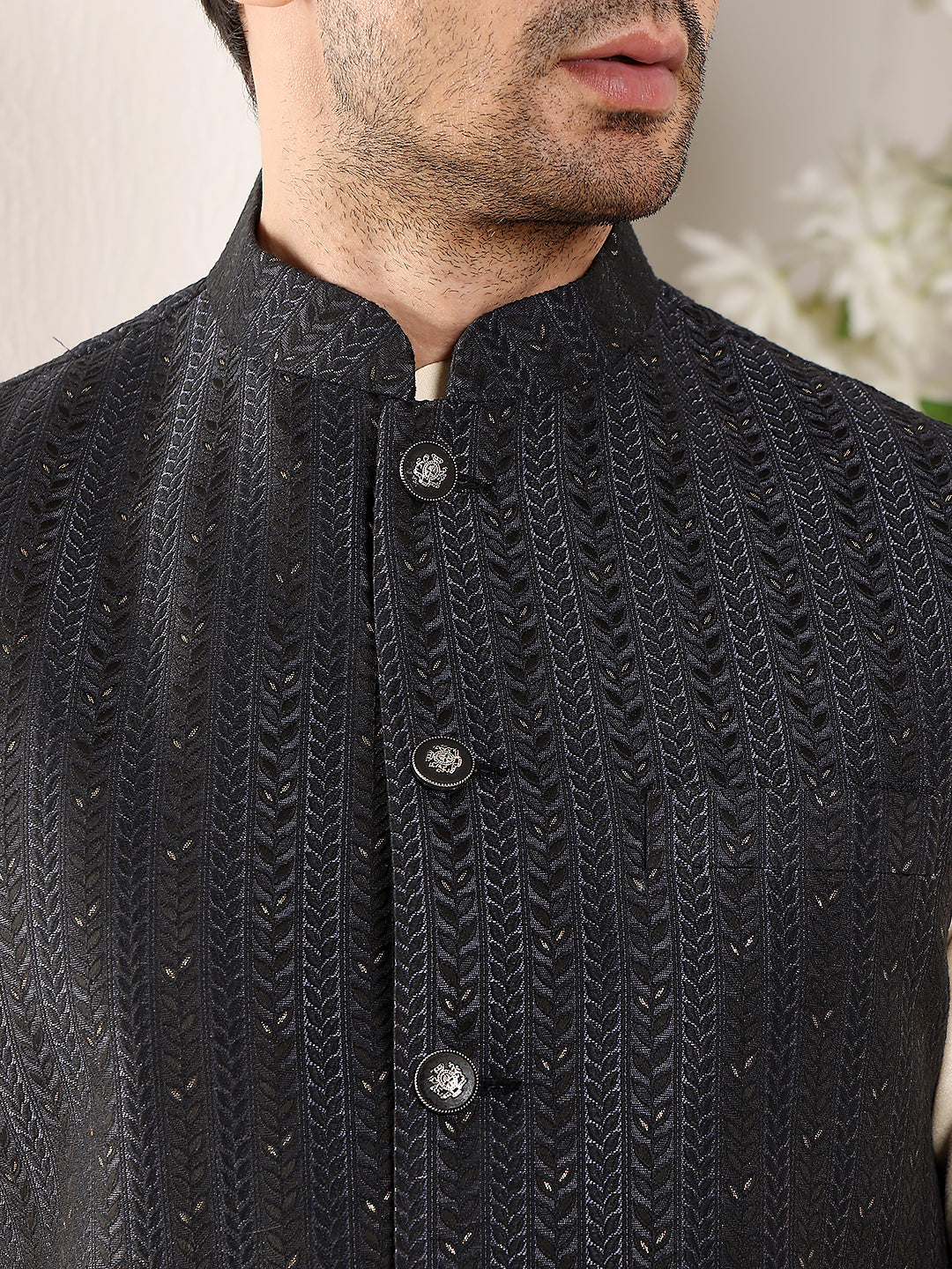 Men's Full Sleeve Cream Kurta Pyjama & Black Embroidered Nehru Jacket | SHOBITAM