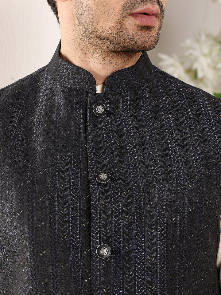 Men's Full Sleeve Cream Kurta Pyjama & Black Embroidered Nehru Jacket | SHOBITAM