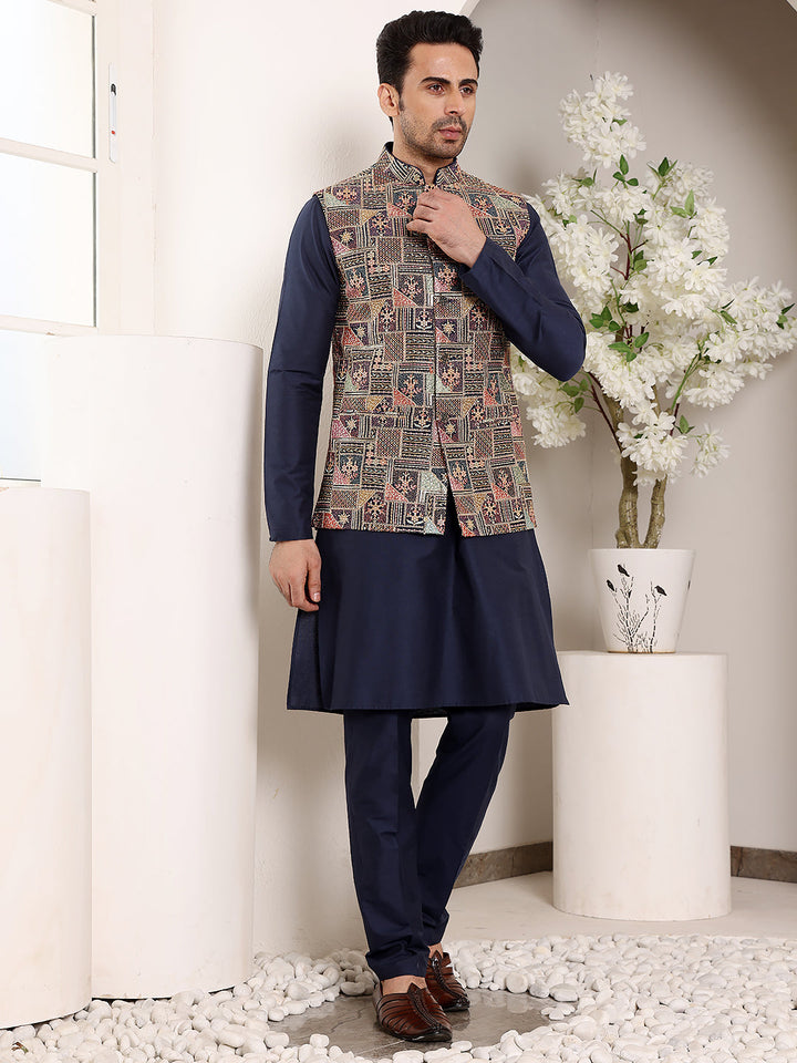 Men's Full Sleeve Blue Kurta Pyjama & Multi-colour Embroidered Nehru Jacket | SHOBITAM
