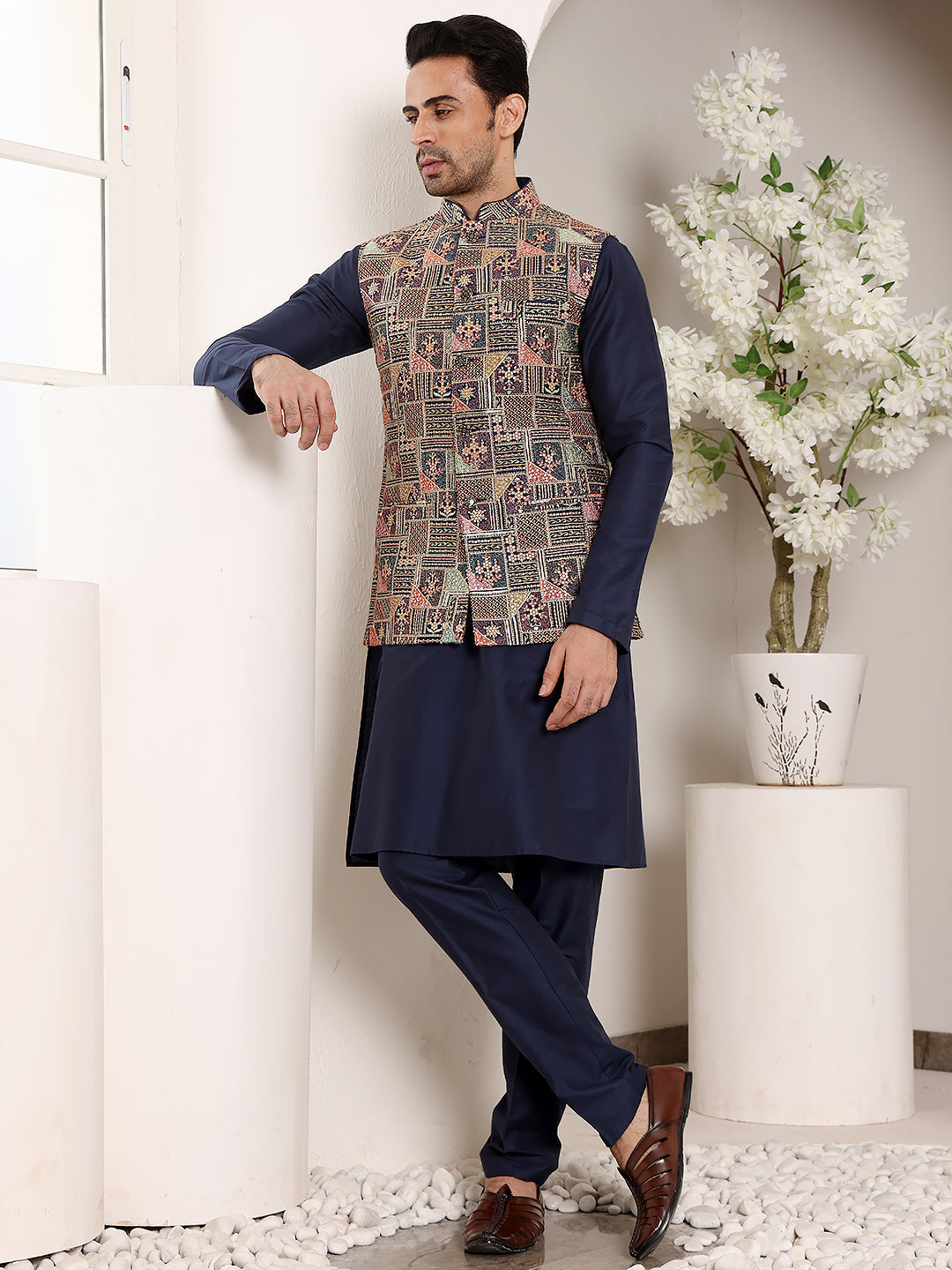 Men's Full Sleeve Blue Kurta Pyjama & Multi-colour Embroidered Nehru Jacket | SHOBITAM