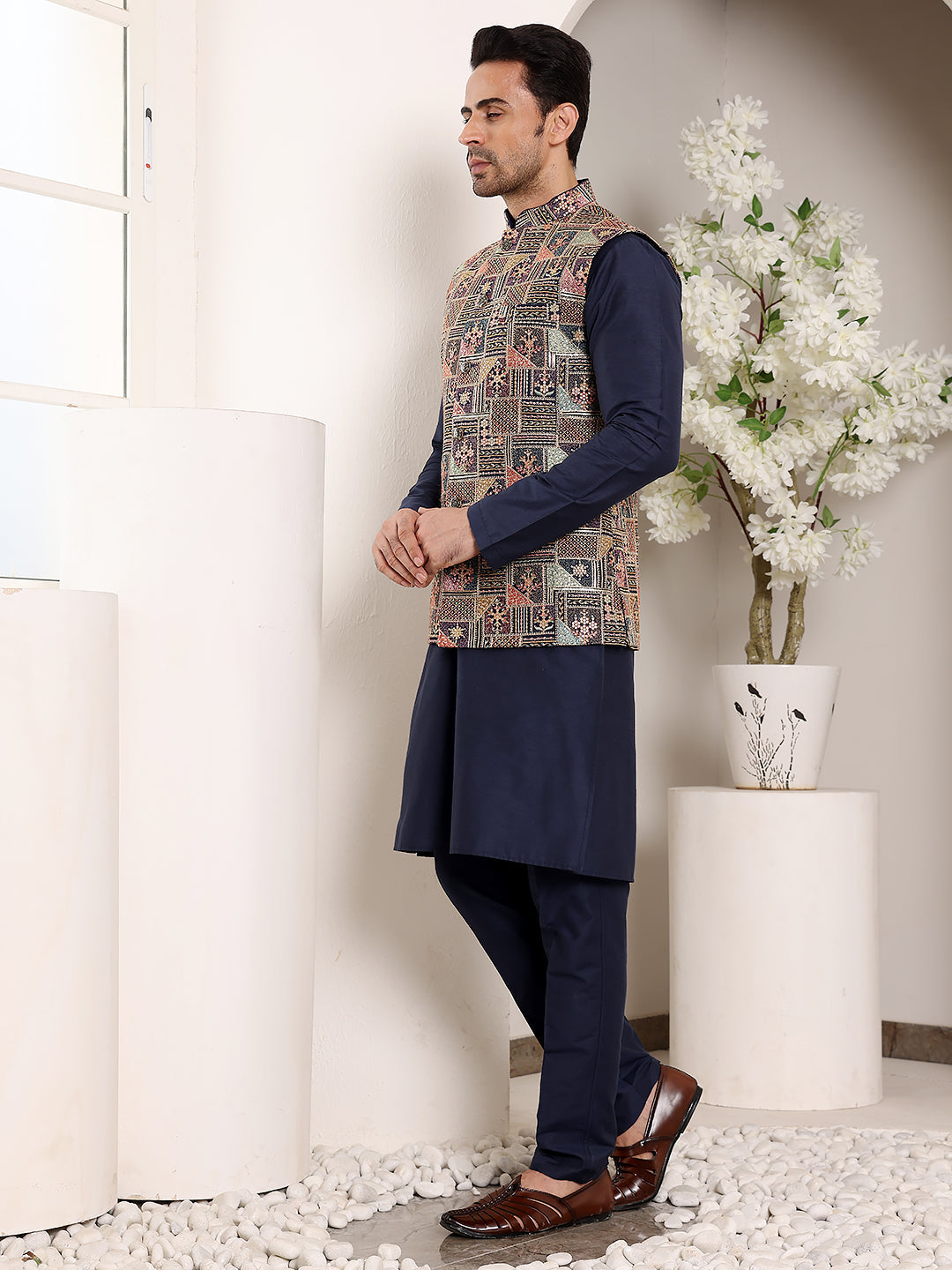 Men's Full Sleeve Blue Kurta Pyjama & Multi-colour Embroidered Nehru Jacket | SHOBITAM