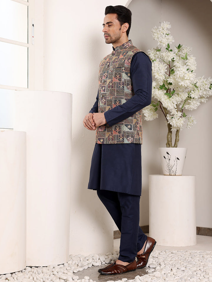 Men's Full Sleeve Blue Kurta Pyjama & Multi-colour Embroidered Nehru Jacket | SHOBITAM