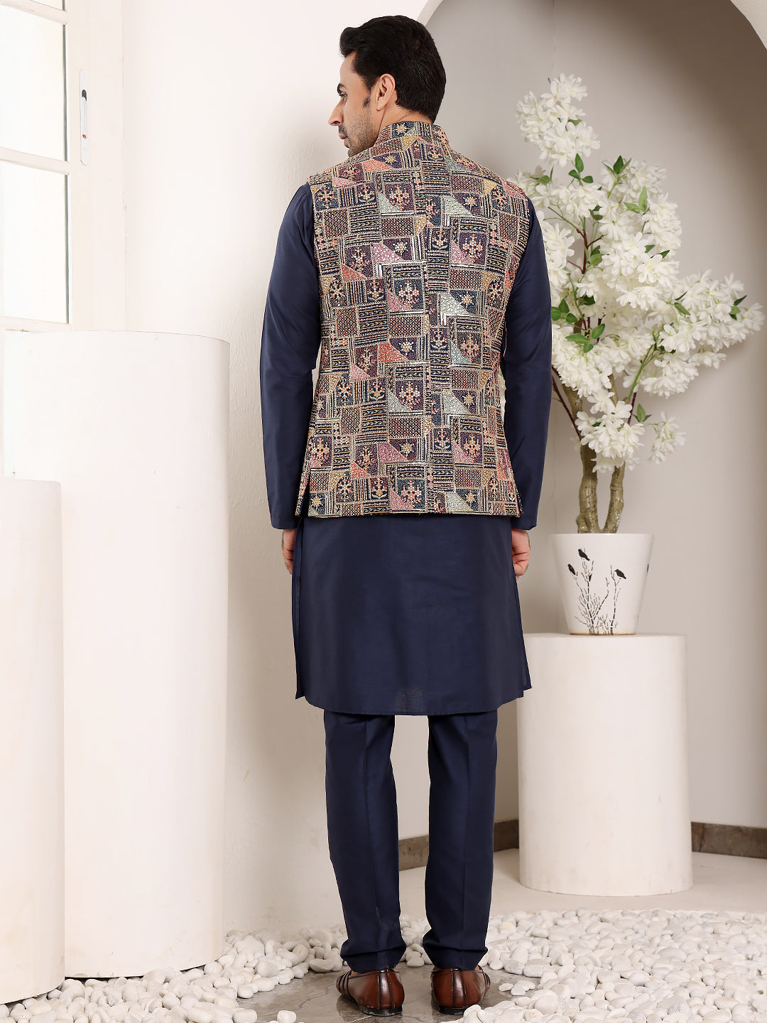 Men's Full Sleeve Blue Kurta Pyjama & Multi-colour Embroidered Nehru Jacket | SHOBITAM
