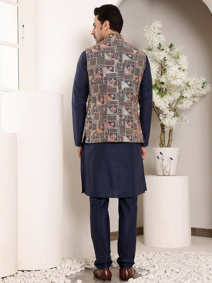 Men's Full Sleeve Blue Kurta Pyjama & Multi-colour Embroidered Nehru Jacket | SHOBITAM