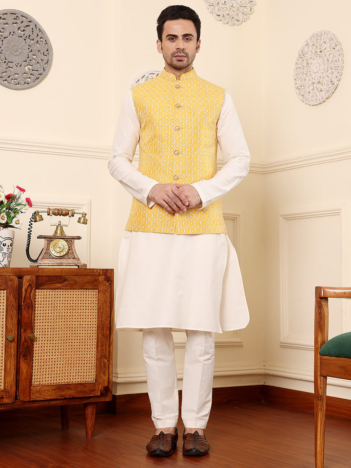 Men's Full Sleeve Ivory Kurta Pyjama & Yellow Embroidered Nehru Jacket | SHOBITAM