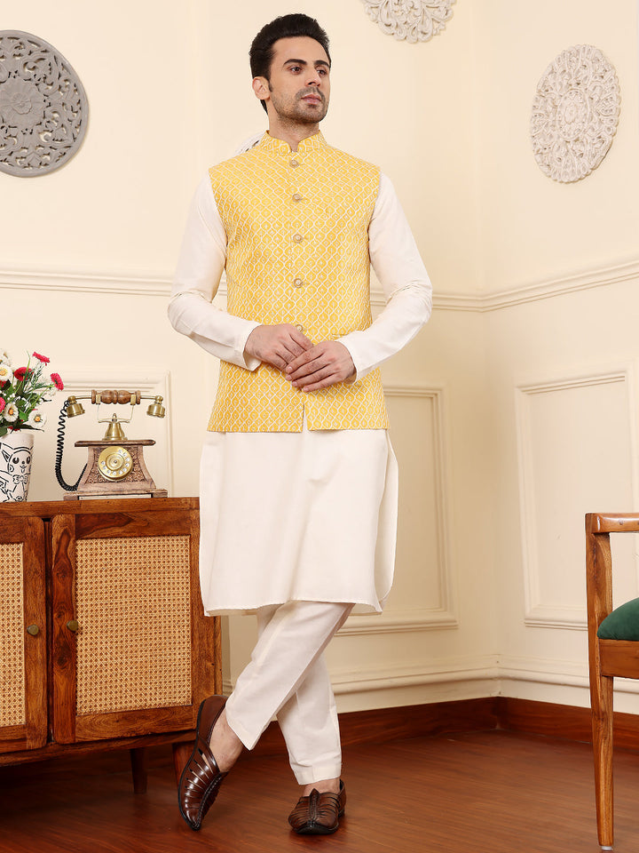 Men's Full Sleeve Ivory Kurta Pyjama & Yellow Embroidered Nehru Jacket | SHOBITAM