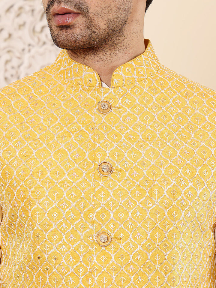Men's Full Sleeve Ivory Kurta Pyjama & Yellow Embroidered Nehru Jacket | SHOBITAM