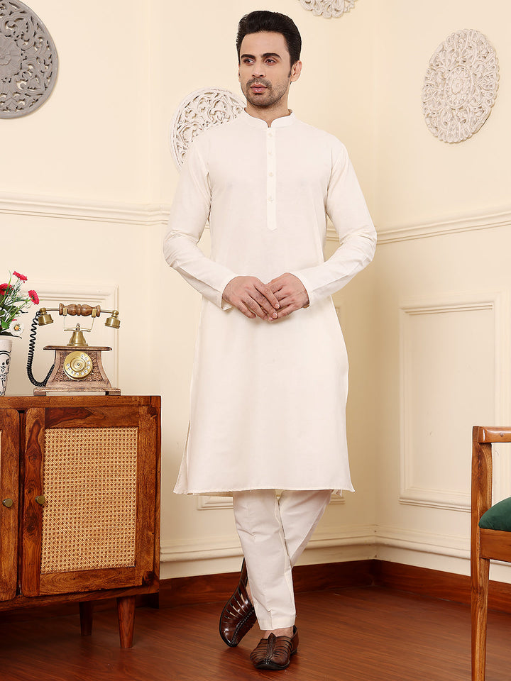 Men's Full Sleeve Ivory Kurta Pyjama & Yellow Embroidered Nehru Jacket | SHOBITAM
