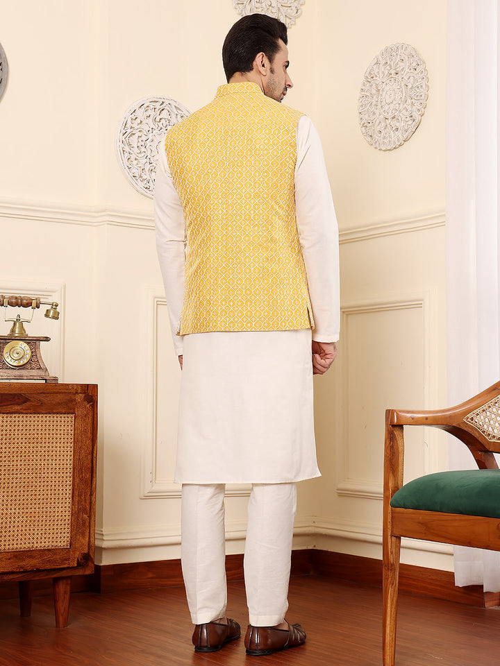 Men's Full Sleeve Ivory Kurta Pyjama & Yellow Embroidered Nehru Jacket | SHOBITAM