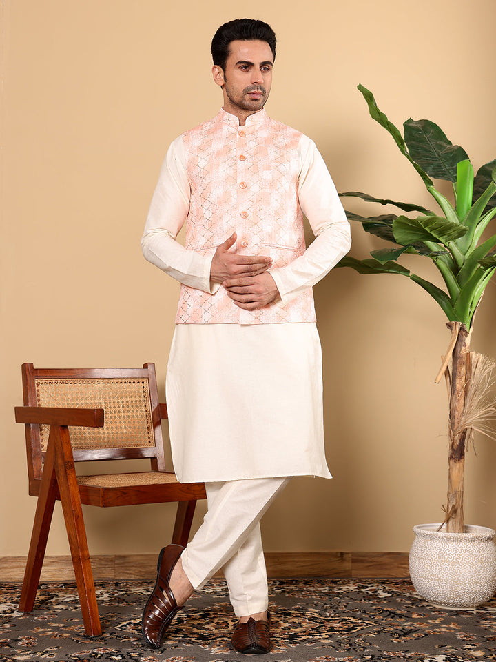 Men's Full Sleeve Ivory Kurta Pyjama & Peach Embroidered Nehru Jacket | SHOBITAM