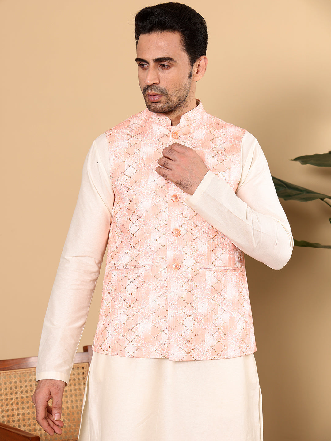 Men's Full Sleeve Ivory Kurta Pyjama & Peach Embroidered Nehru Jacket | SHOBITAM