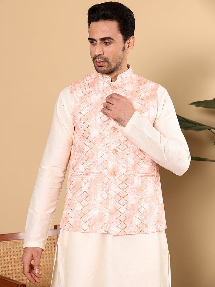 Men's Full Sleeve Ivory Kurta Pyjama & Peach Embroidered Nehru Jacket | SHOBITAM
