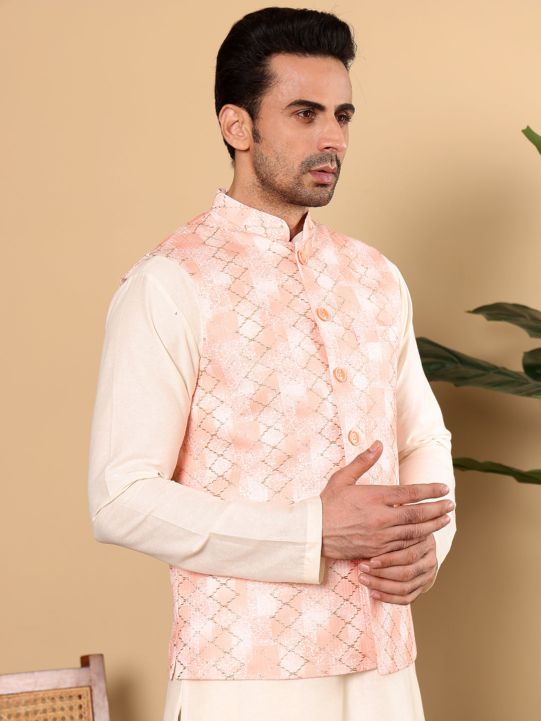 Men's Full Sleeve Ivory Kurta Pyjama & Peach Embroidered Nehru Jacket | SHOBITAM