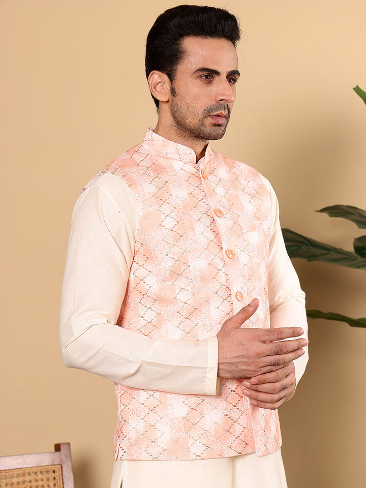 Men's Full Sleeve Ivory Kurta Pyjama & Peach Embroidered Nehru Jacket | SHOBITAM