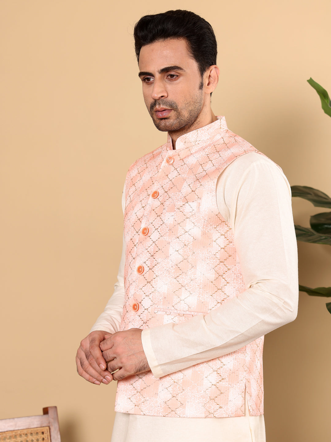 Men's Full Sleeve Ivory Kurta Pyjama & Peach Embroidered Nehru Jacket | SHOBITAM