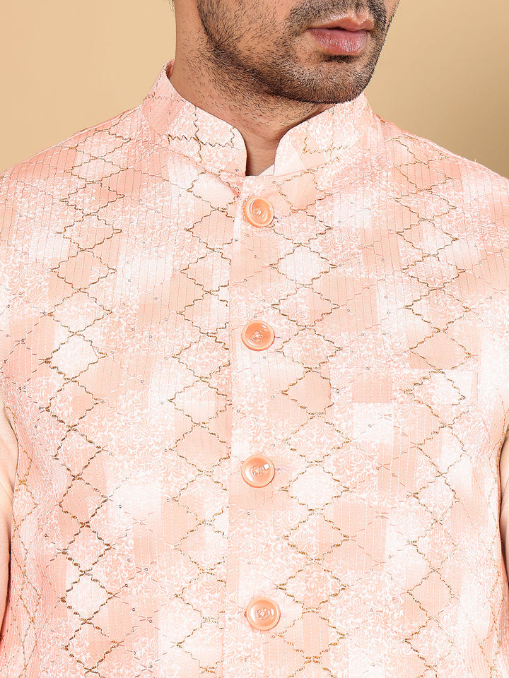 Men's Full Sleeve Ivory Kurta Pyjama & Peach Embroidered Nehru Jacket | SHOBITAM