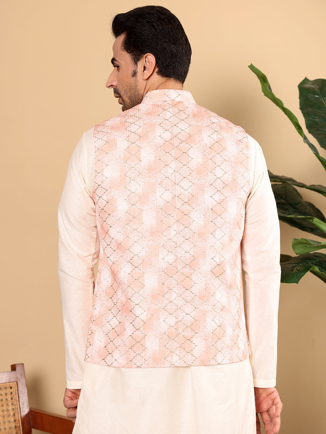 Men's Full Sleeve Ivory Kurta Pyjama & Peach Embroidered Nehru Jacket | SHOBITAM