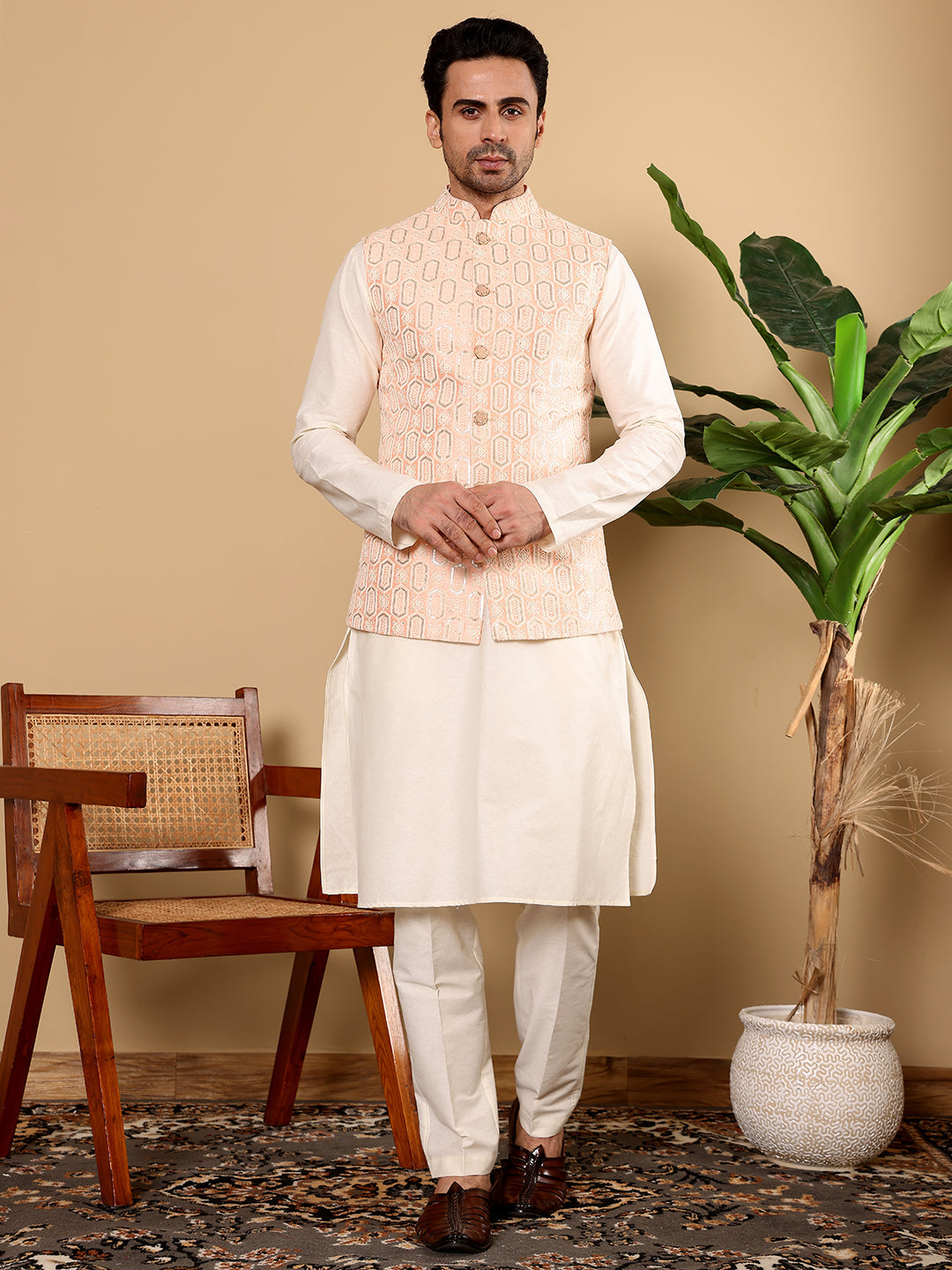 Men's Full Sleeve Ivory Kurta Pyjama & Peach Embroidered Nehru Jacket | SHOBITAM