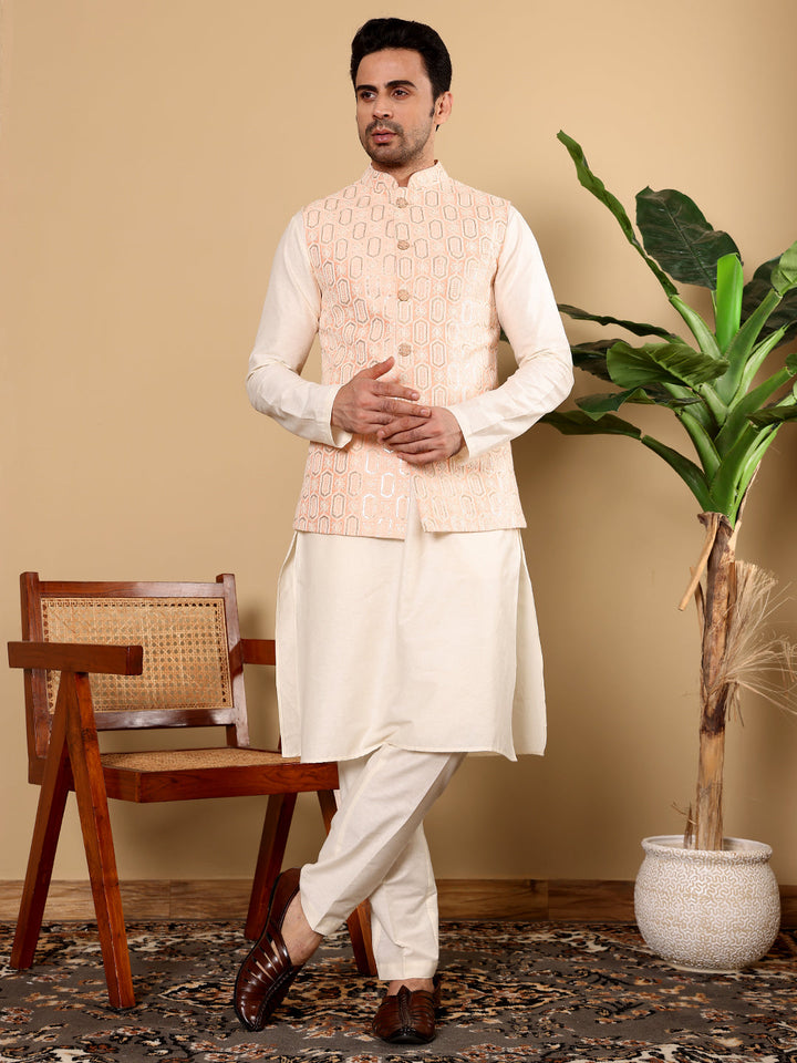 Men's Full Sleeve Ivory Kurta Pyjama & Peach Embroidered Nehru Jacket | SHOBITAM
