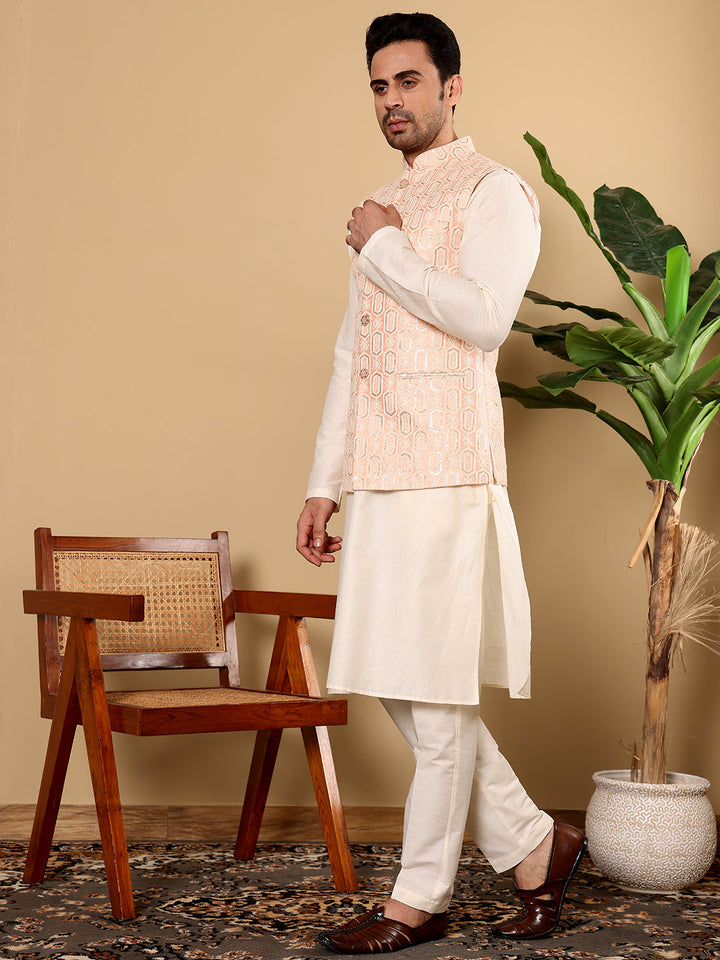 Men's Full Sleeve Ivory Kurta Pyjama & Peach Embroidered Nehru Jacket | SHOBITAM