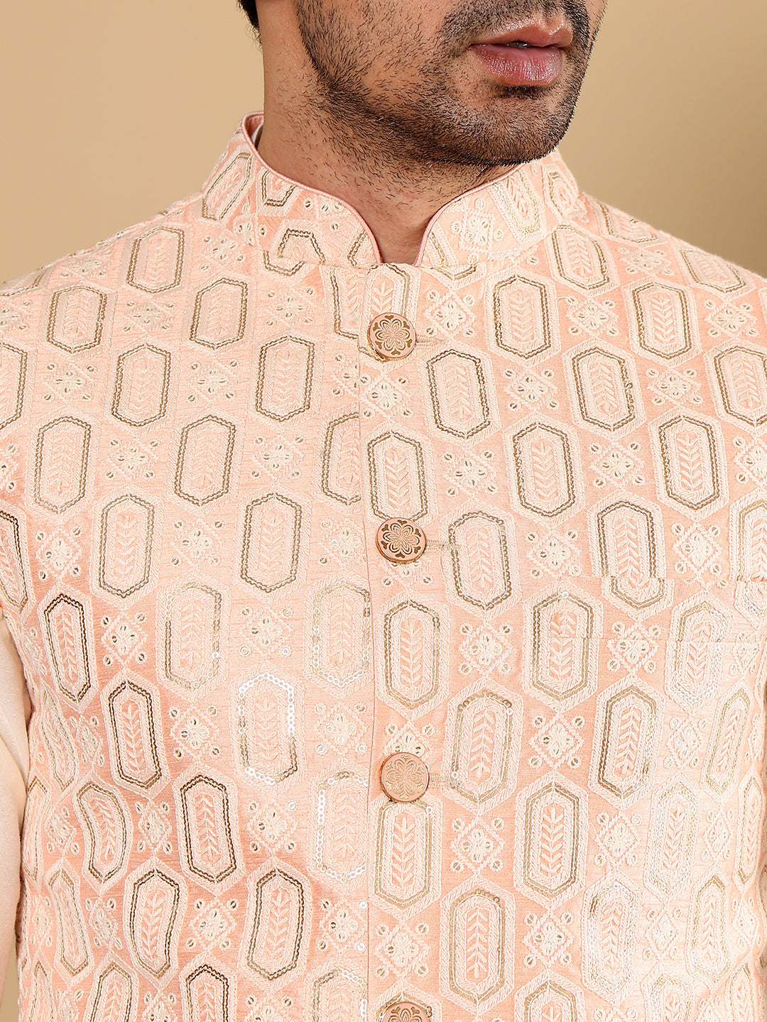 Men's Full Sleeve Ivory Kurta Pyjama & Peach Embroidered Nehru Jacket | SHOBITAM
