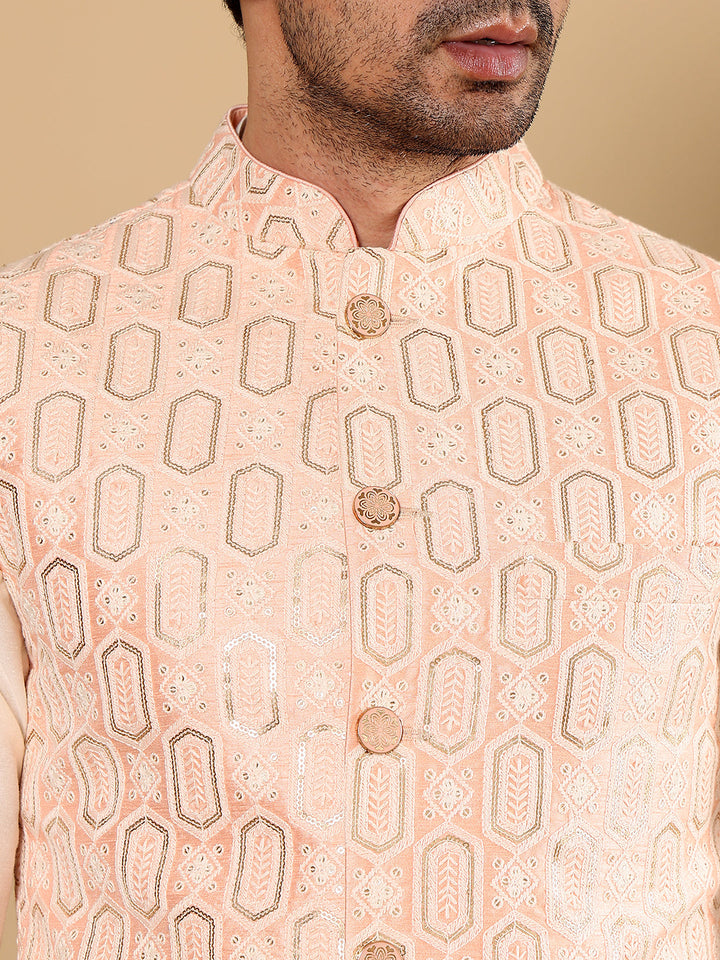 Men's Full Sleeve Ivory Kurta Pyjama & Peach Embroidered Nehru Jacket | SHOBITAM