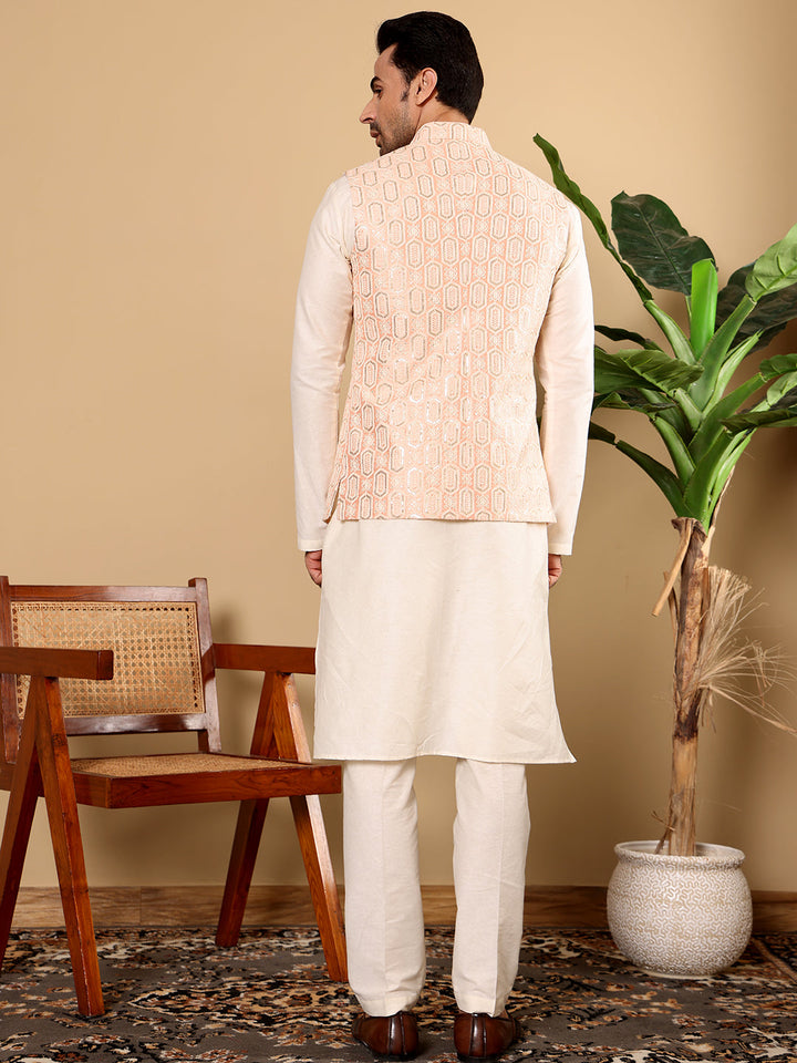 Men's Full Sleeve Ivory Kurta Pyjama & Peach Embroidered Nehru Jacket | SHOBITAM