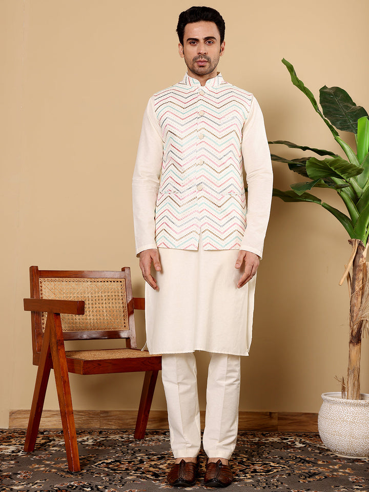 Men's Full Sleeve Ivory Kurta Pyjama & White Embroidered Nehru Jacket | SHOBITAM