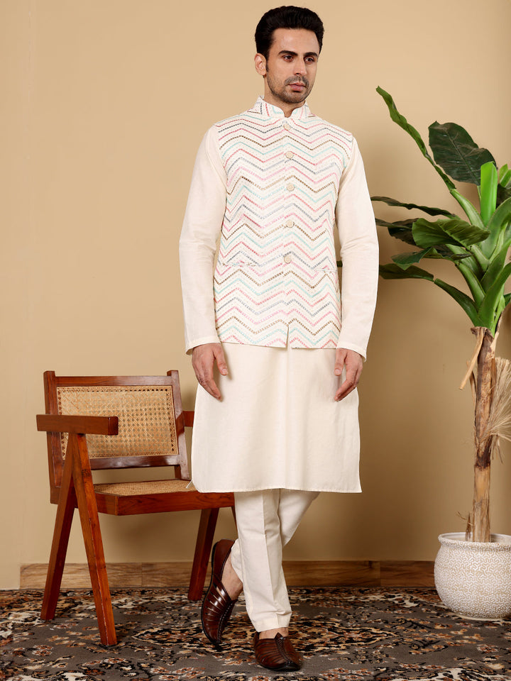 Men's Full Sleeve Ivory Kurta Pyjama & White Embroidered Nehru Jacket | SHOBITAM