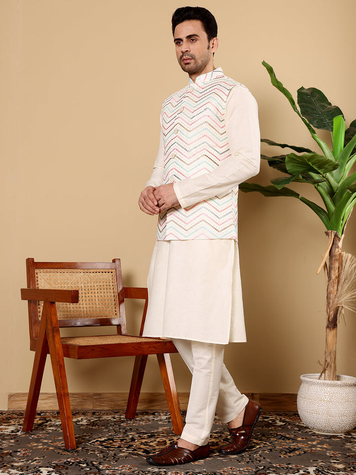 Men's Full Sleeve Ivory Kurta Pyjama & White Embroidered Nehru Jacket | SHOBITAM