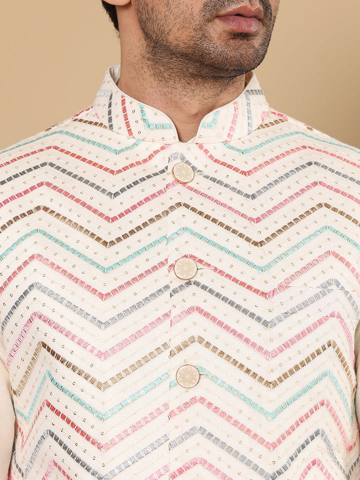 Men's Full Sleeve Ivory Kurta Pyjama & White Embroidered Nehru Jacket | SHOBITAM