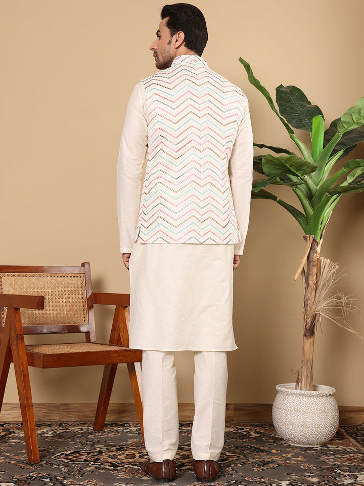 Men's Full Sleeve Ivory Kurta Pyjama & White Embroidered Nehru Jacket | SHOBITAM