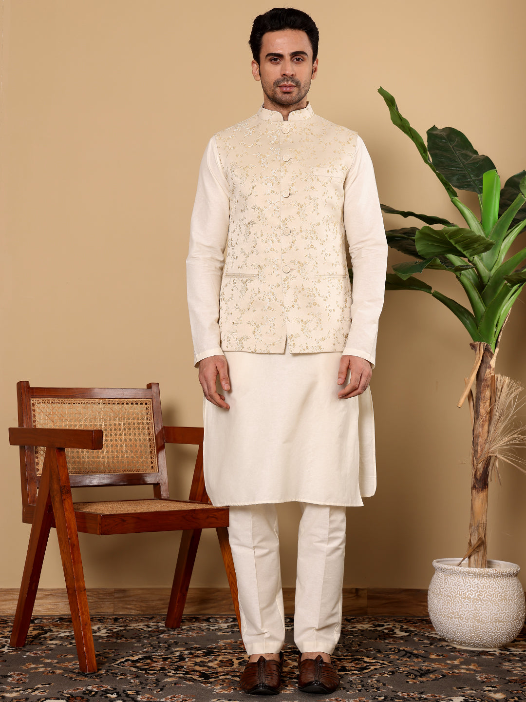 Men's Full Sleeve Ivory Kurta Pyjama & Cream Embroidered Nehru Jacket | SHOBITAM
