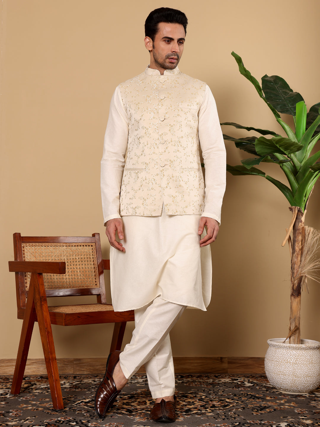 Men's Full Sleeve Ivory Kurta Pyjama & Cream Embroidered Nehru Jacket | SHOBITAM
