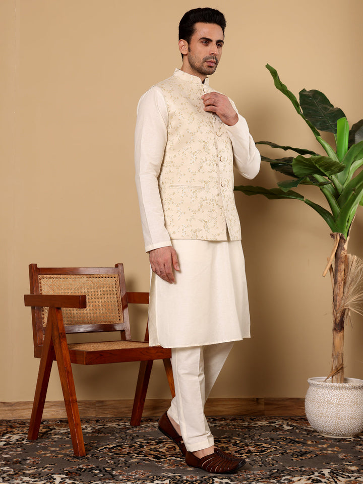 Men's Full Sleeve Ivory Kurta Pyjama & Cream Embroidered Nehru Jacket | SHOBITAM